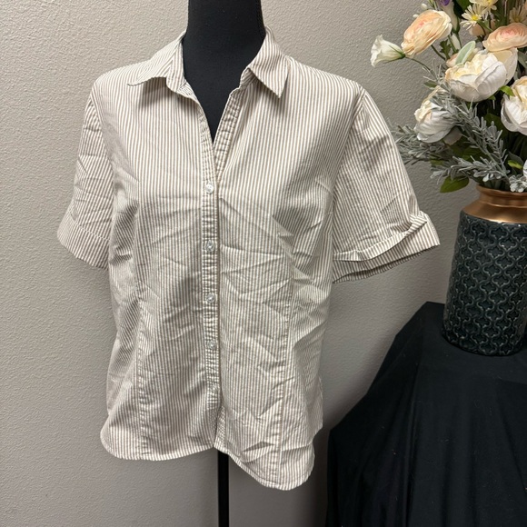 George Tops - George Tan White Striped Button Down Shirt Short Sleeve Work Casual L